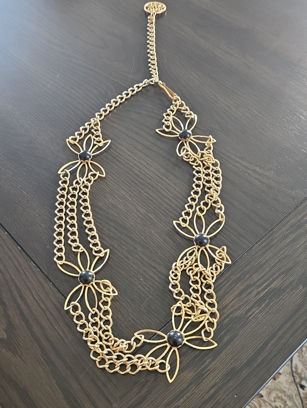Vintage Gold-tone Floral Chain Necklace with Black Stone Accents